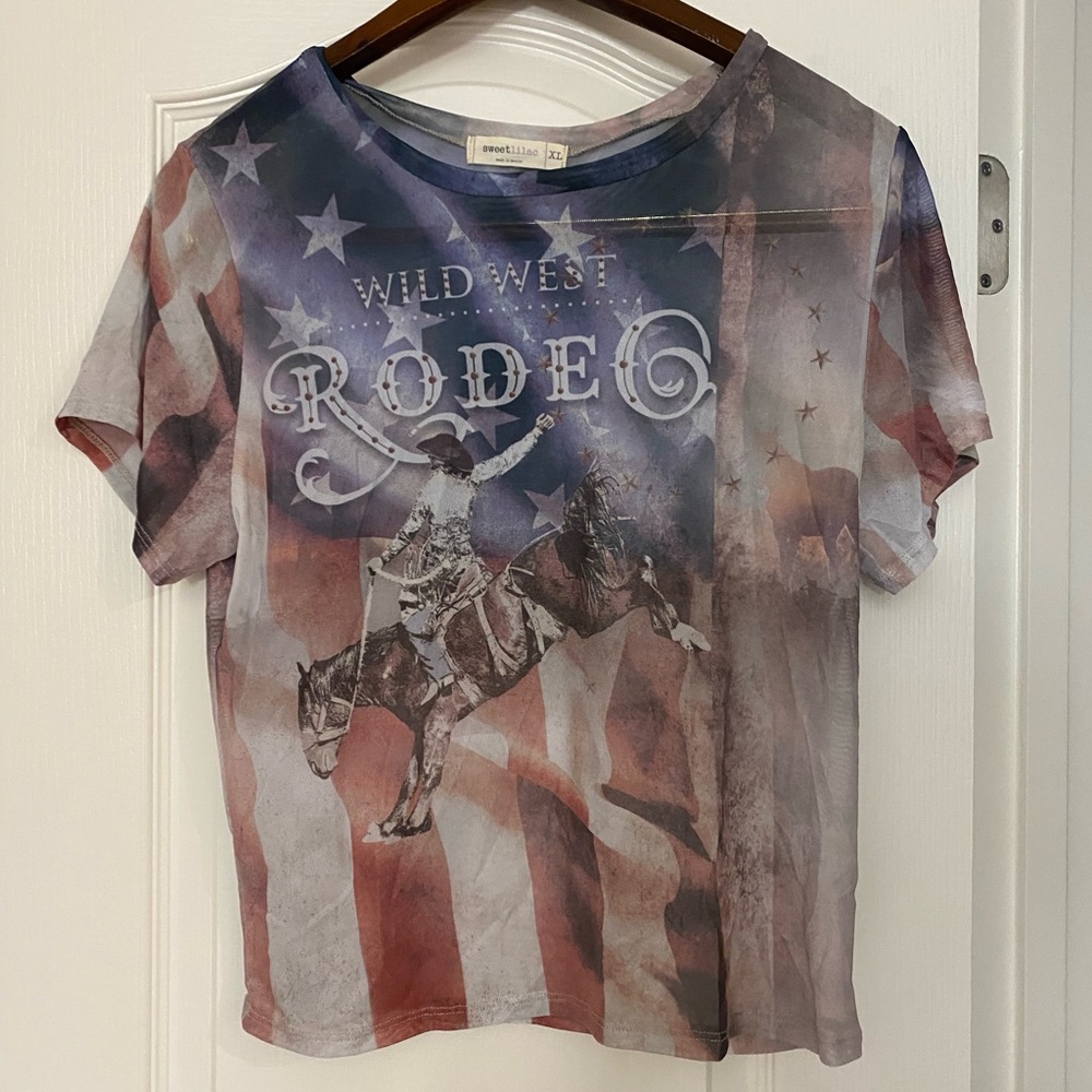 Sweet Lilac Juniors Sheer Baby Tee Top XL 15 17 Wild West Rodeo Horses Western